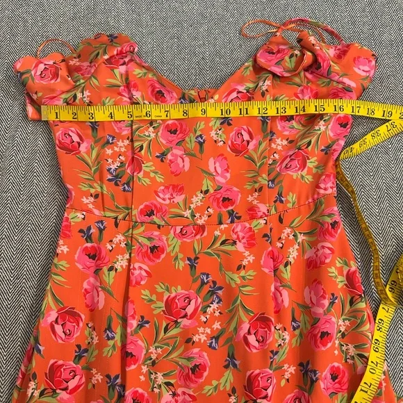 Anthropologie - Keepsake the Label - For Me Orange Floral Ruffle Trim Satin Gown - Picture 7 of 9